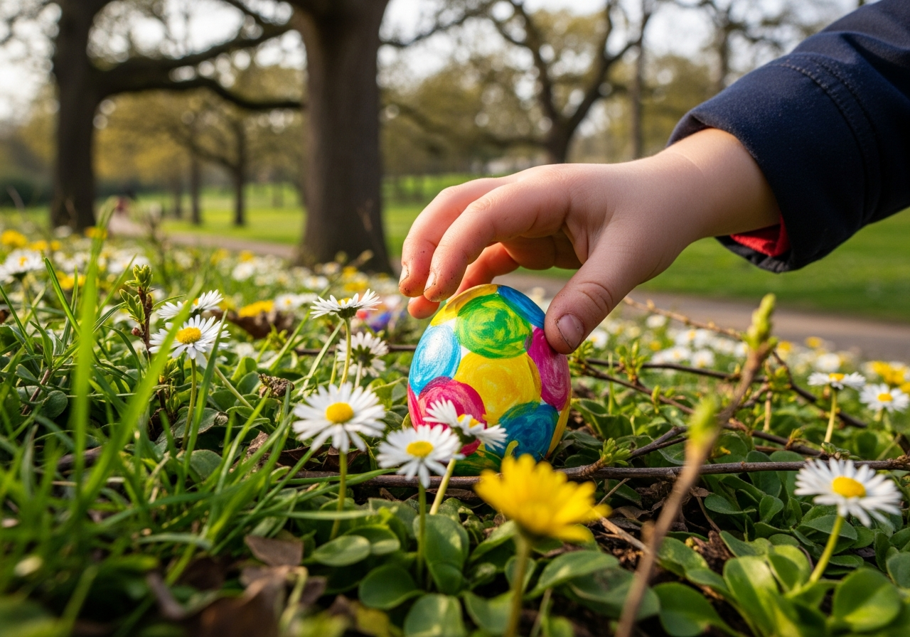 Outdoor nature Easter egg hunt in park with child discovering eggs