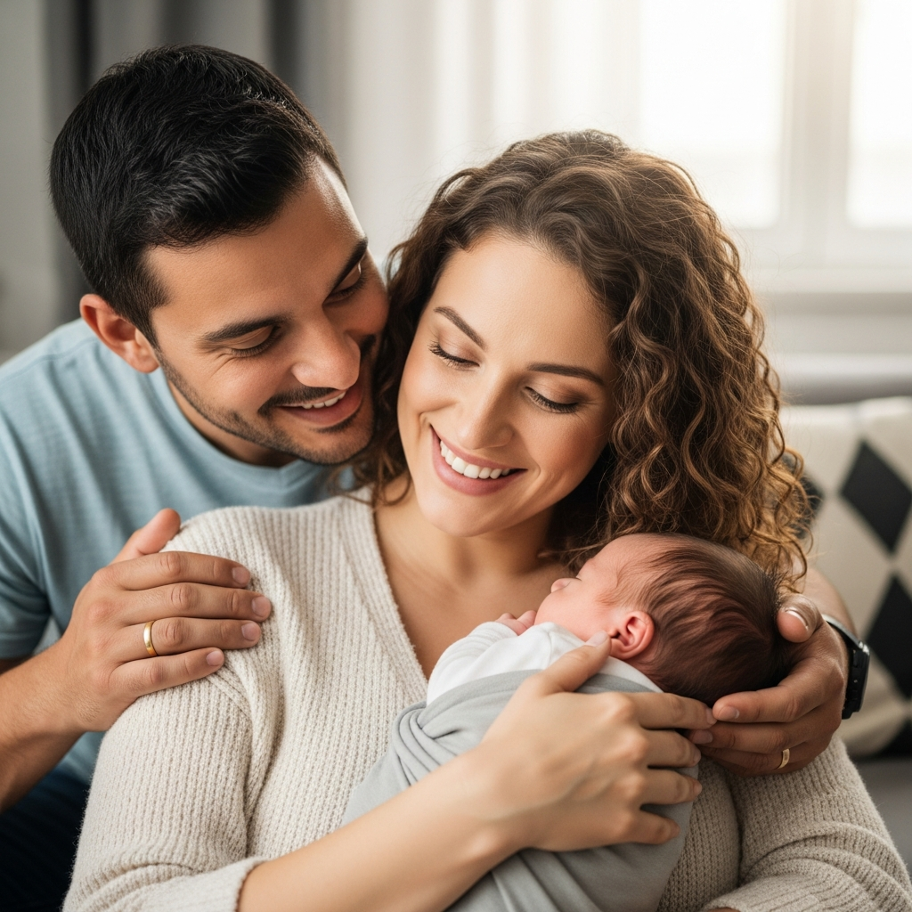 Joyful family with baby Happy family with newborn baby vintage name celebration
