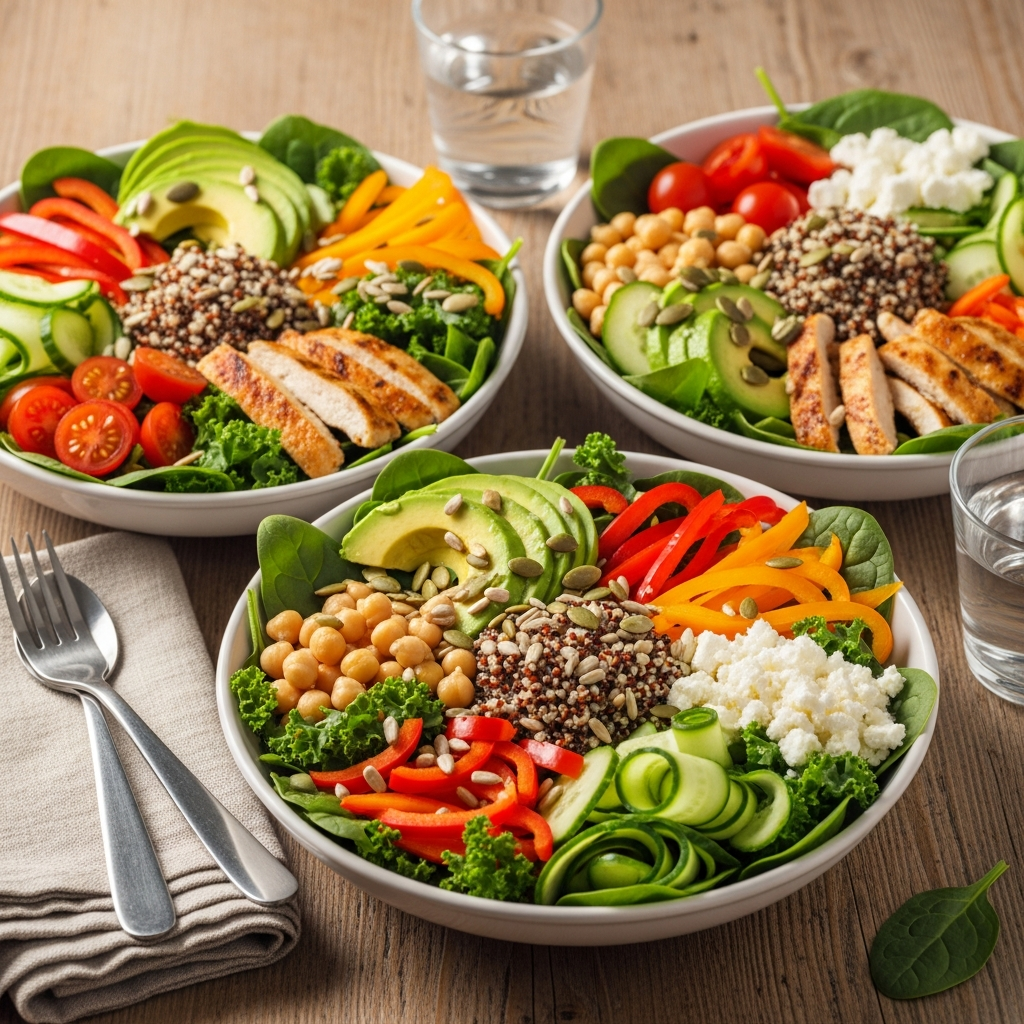 Tazones de ensalada saludable de espinacas y kale con quinua para fertilidad