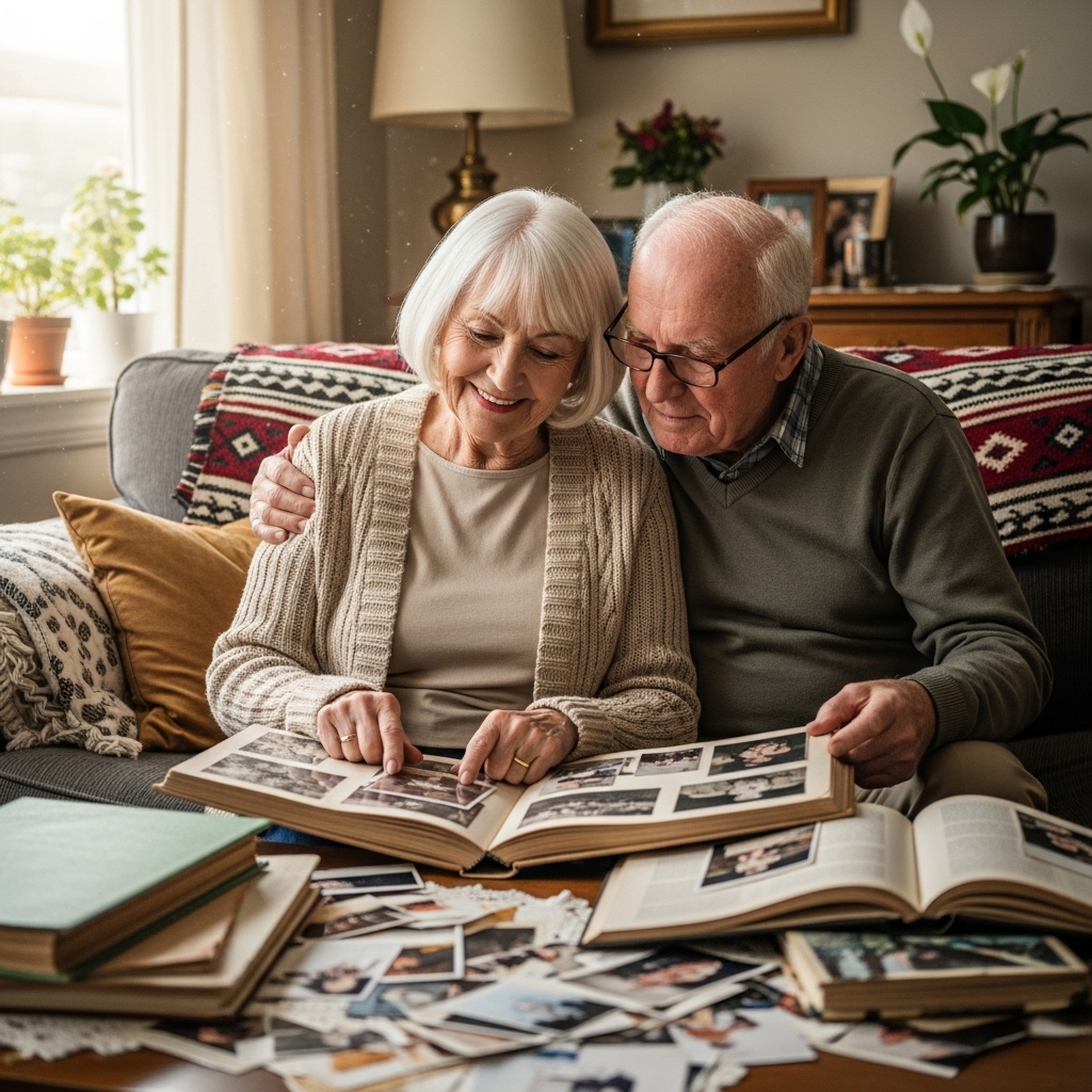Pareja mayor rememorando a través de álbumes de fotos en San Valentín
