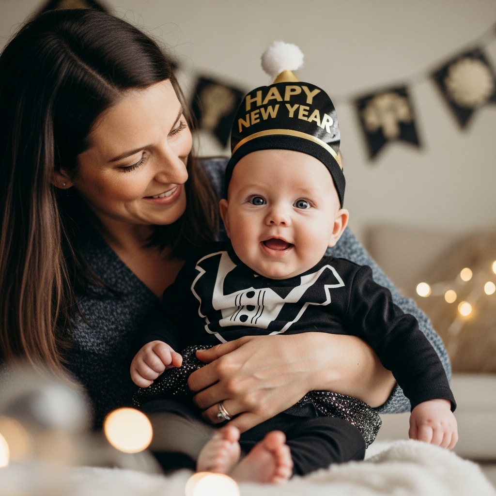 Baby first New Year celebration with festive decorations for new parents