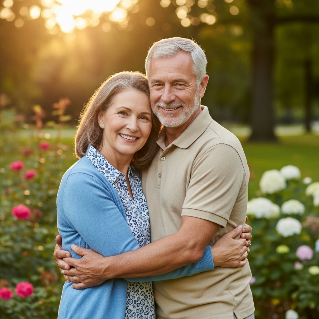 Mature couple embracing warmly representing second chance love and renewal