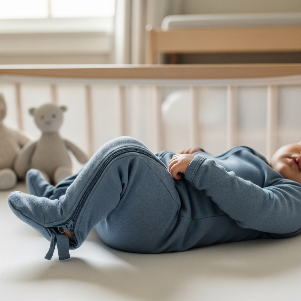 Baby in Zwei-Wege-Reißverschluss-Schläfer-Pyjamas, das den einfachen Windelzugang-Design zeigt