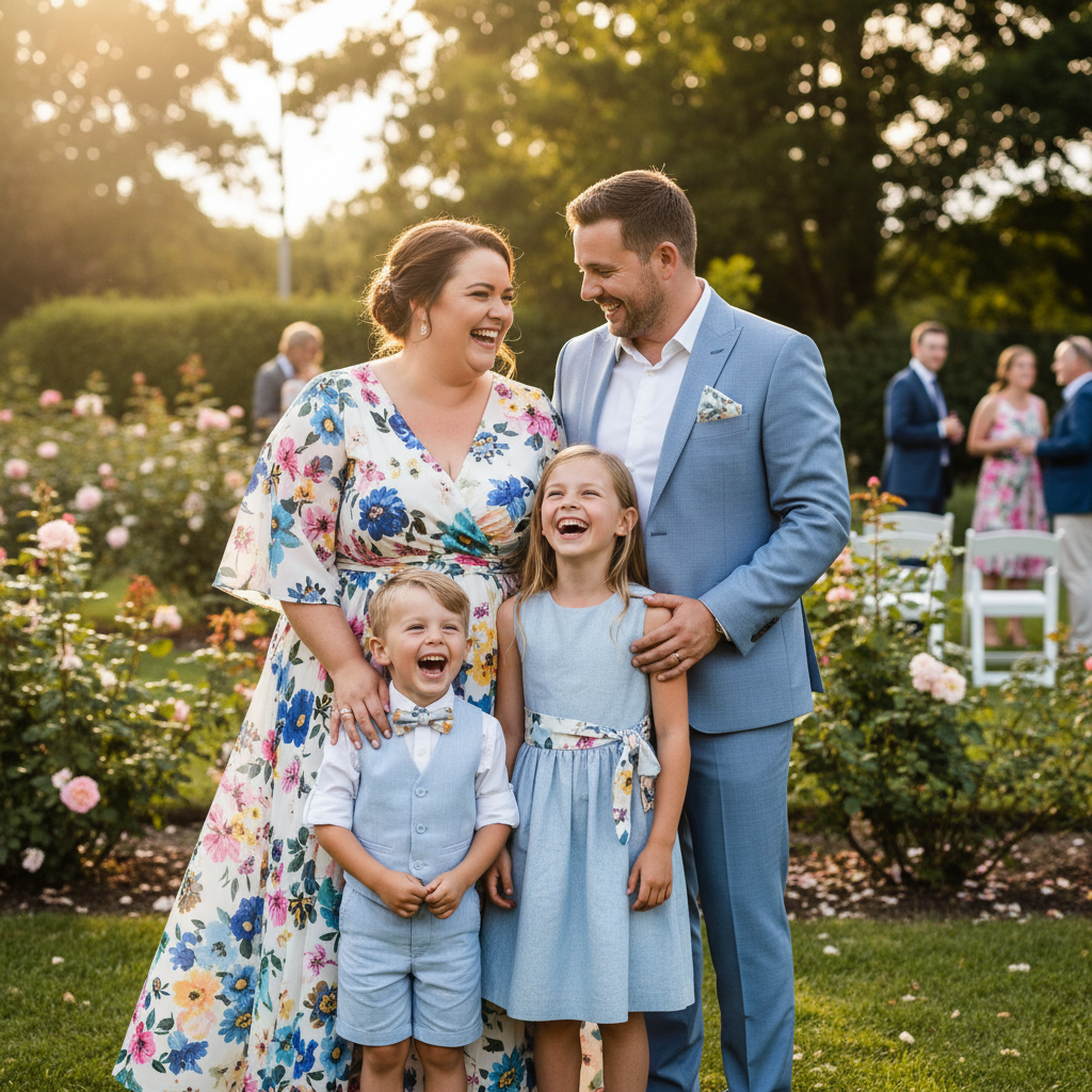 Family coordinated wedding guest outfits plus size mom in floral dress with matching family summer wedding look