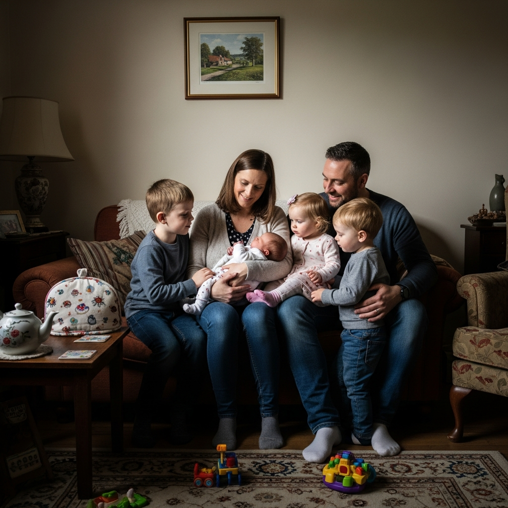 Nombres de bebé niña británicos clásicos ilustrados con familia y múltiples niños para inspiración en nombres