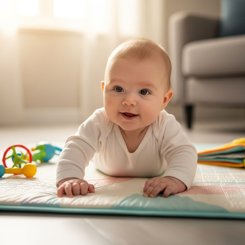 6 month old baby doing tummy time and pushing up