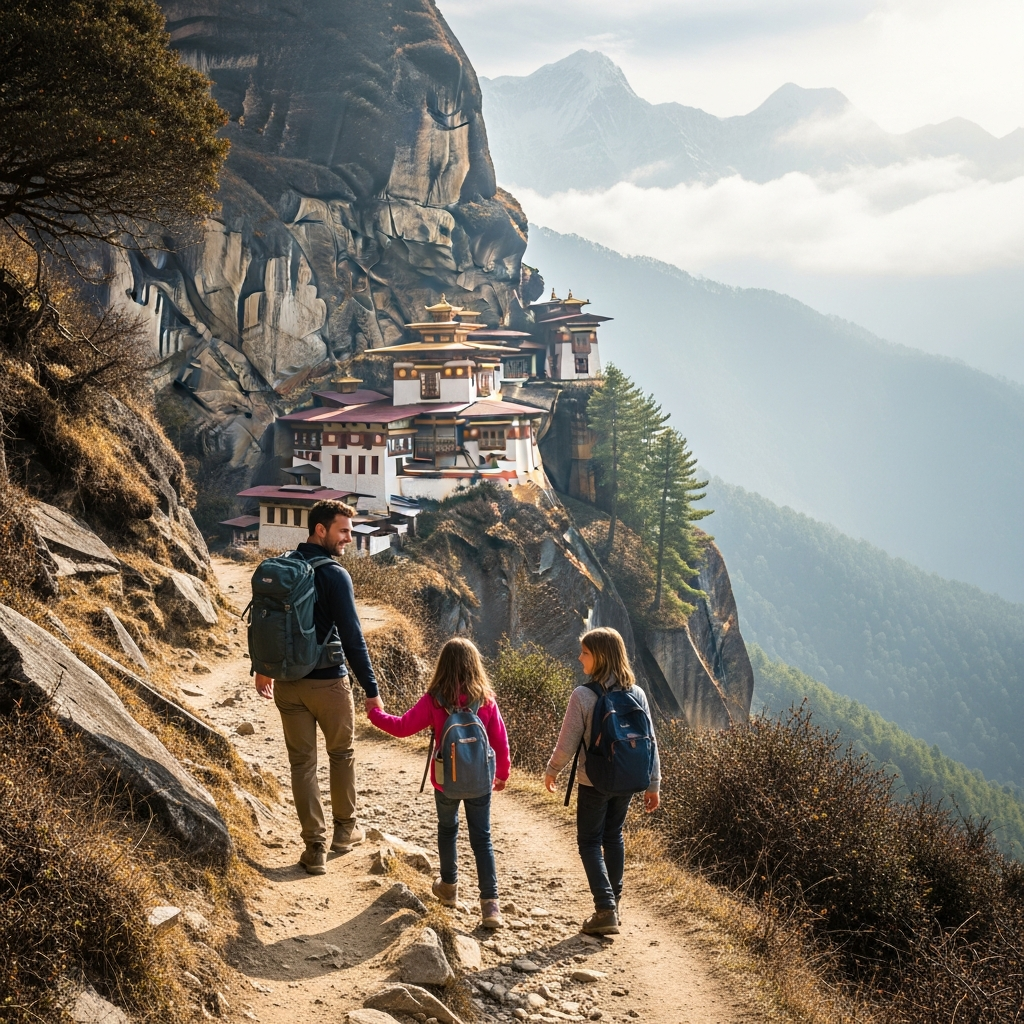 Familia haciendo senderismo en las montañas de Bután guía de vacaciones de desintoxicación digital