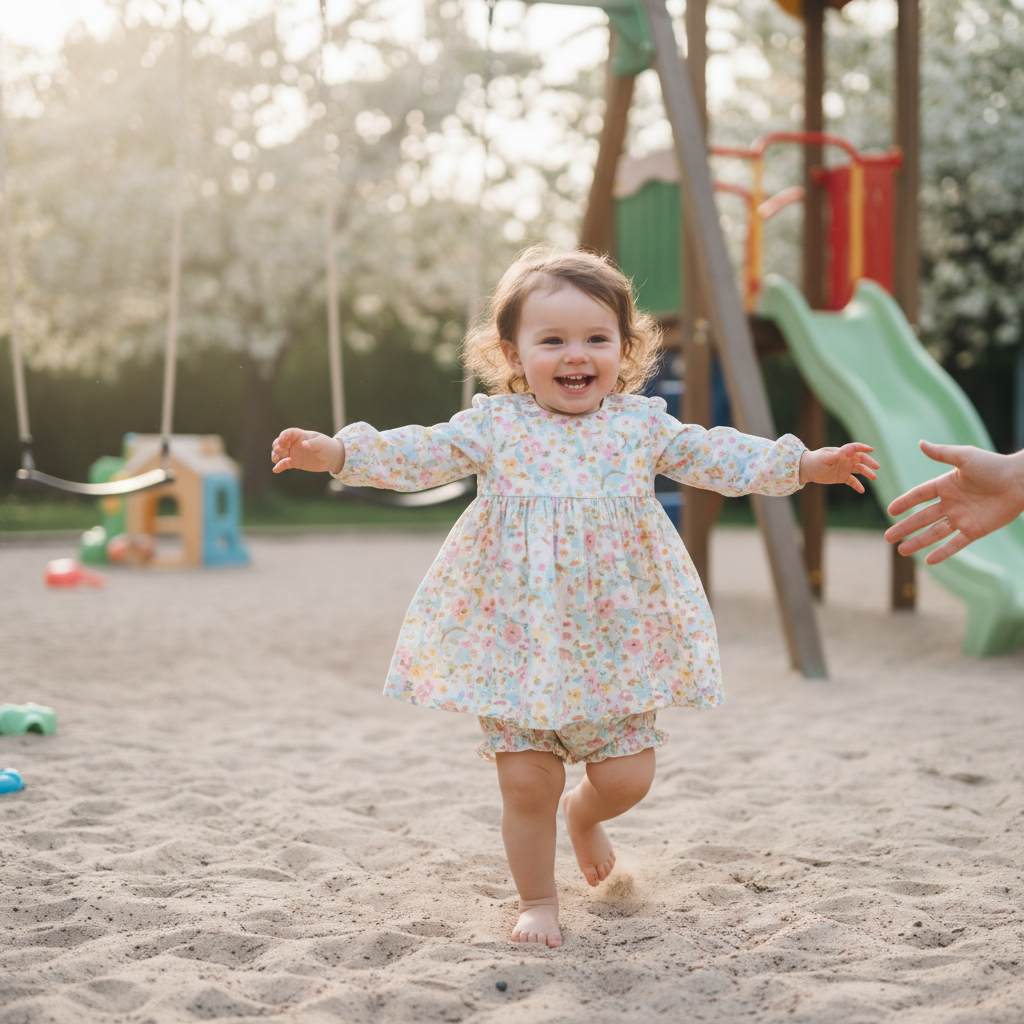 Niña pequeña con vestido floral de primavera con bloomers jugando libremente en el parque