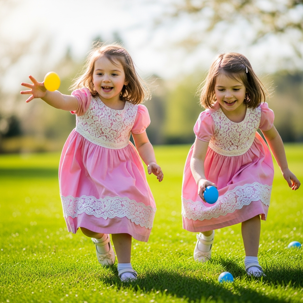 Sisters in matching pink Easter dresses hunting for colorful Easter eggs on sunny spring lawn