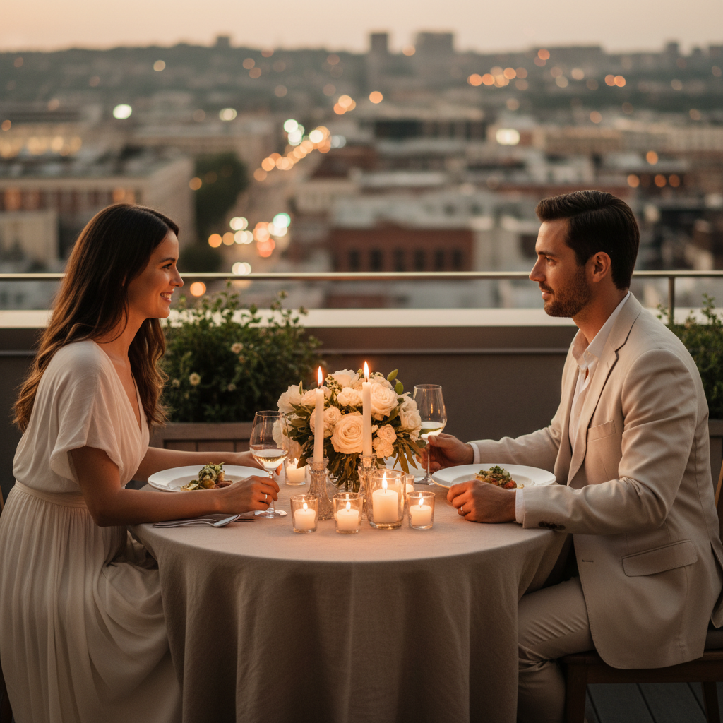 Couple on a romantic summer date night with candlelit outdoor dinner and warm evening ambiance