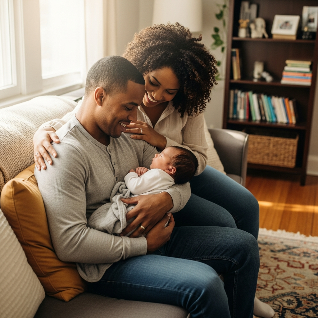 soutien du partenaire première semaine à la maison avec nouveau-né — les deux parents s’occupant ensemble du bébé à la maison