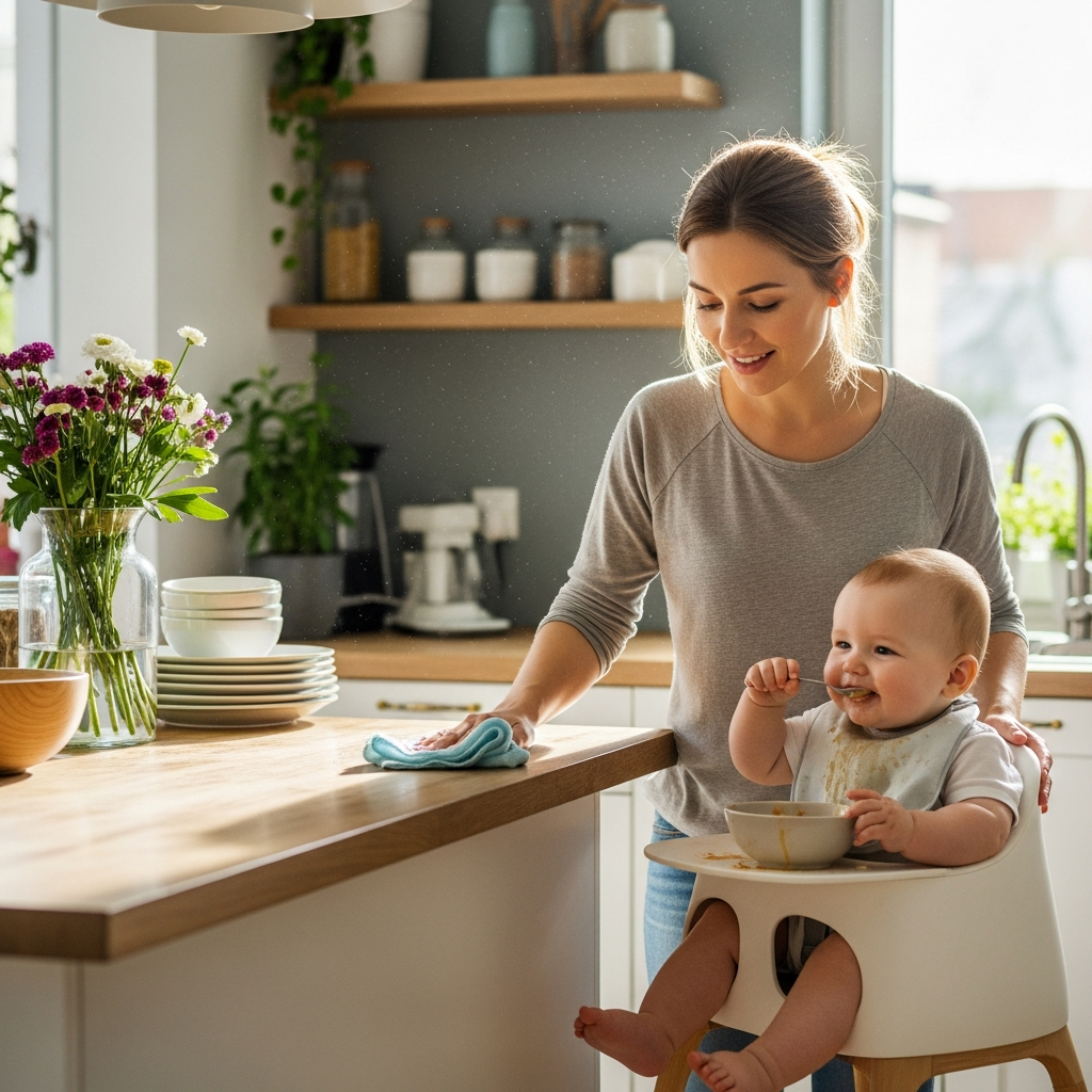 Routine de nettoyage quotidienne pour les mamans avec bébés montrant la réinitialisation de la cuisine du matin avec lumière naturelle