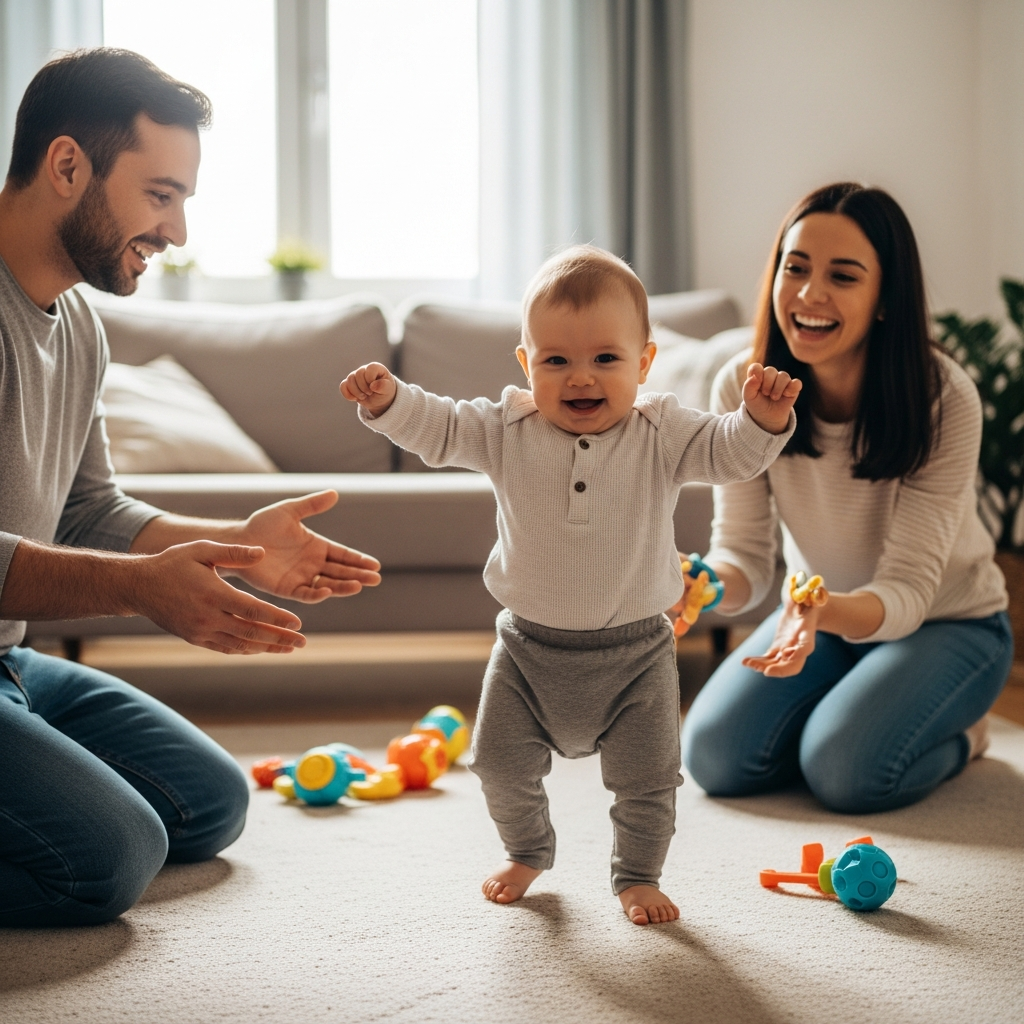 Baby first steps milestone illustration for 10-12 months