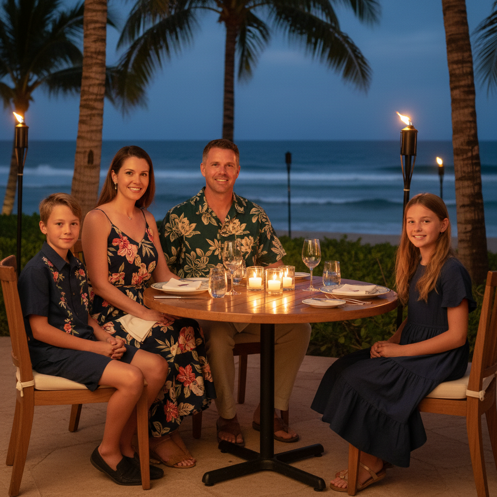 Island night dinner outfits for family in dark floral prints at candlelit beach restaurant