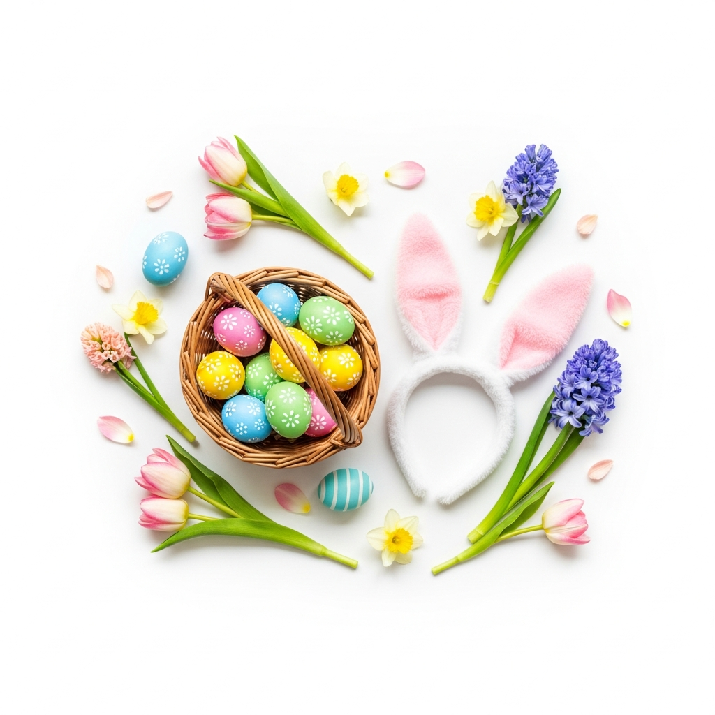 Accessoires essentiels de photo de Pâques incluant panier et oreilles de lapin
