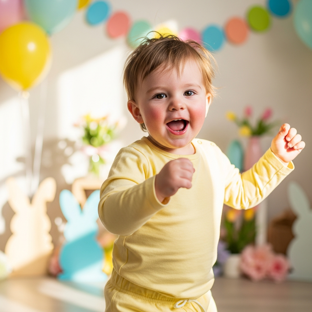 Candid photo of toddler dancing at Easter party