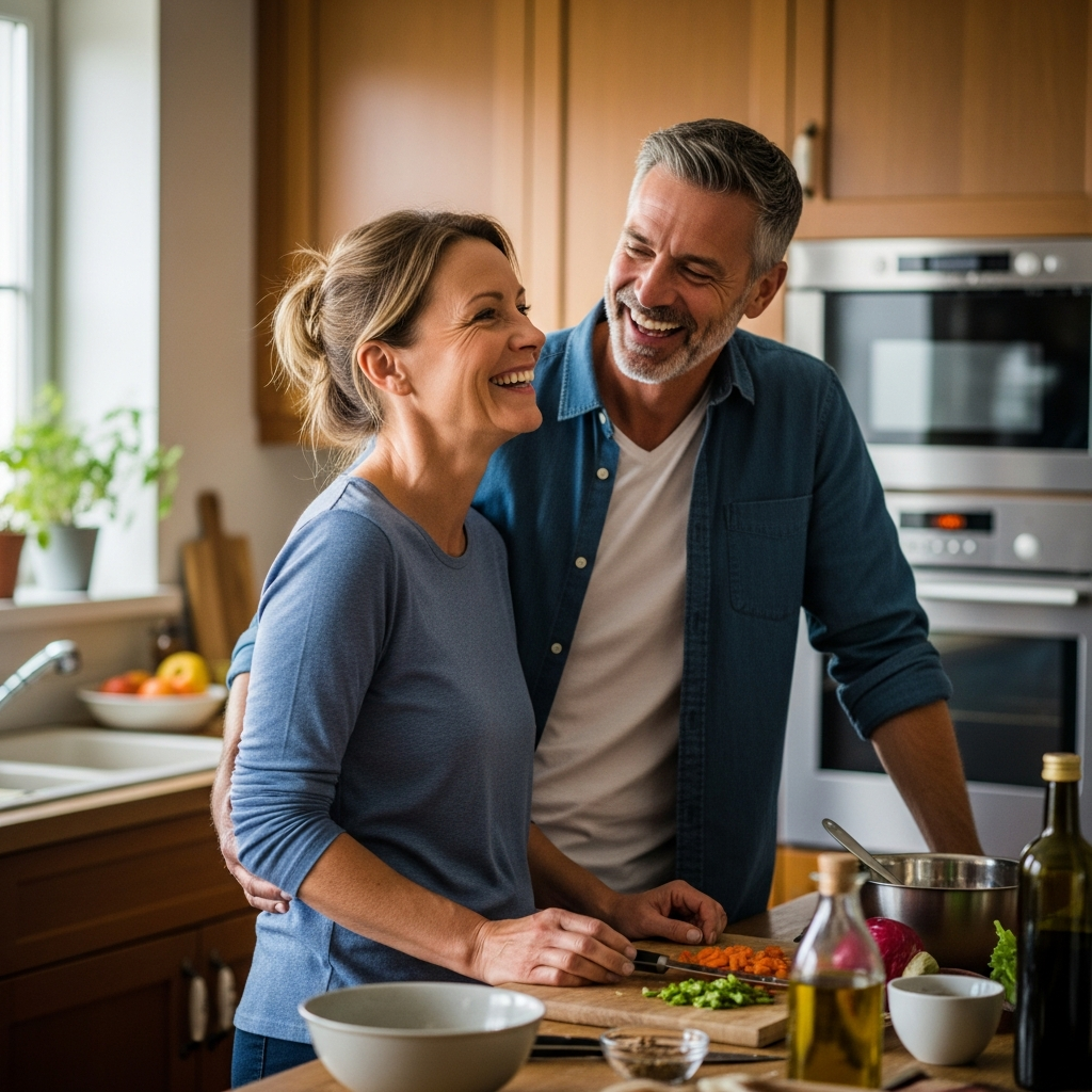 Pareja casada riendo juntos mientras cocinan guía visual para humor en relaciones
