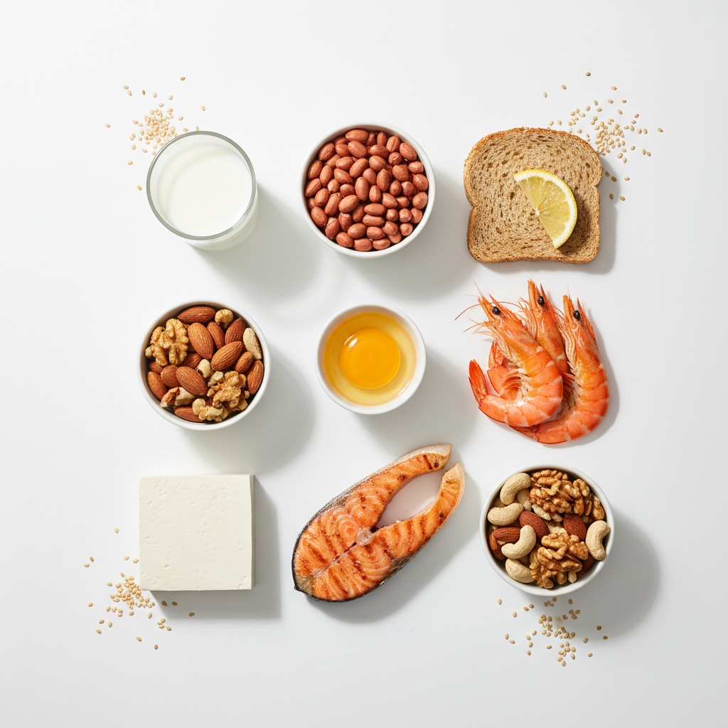 Los 9 principales alérgenos para la introducción al bebé incluyendo cacahuates huevos leche trigo soya pescado camarones frutos secos y sésamo