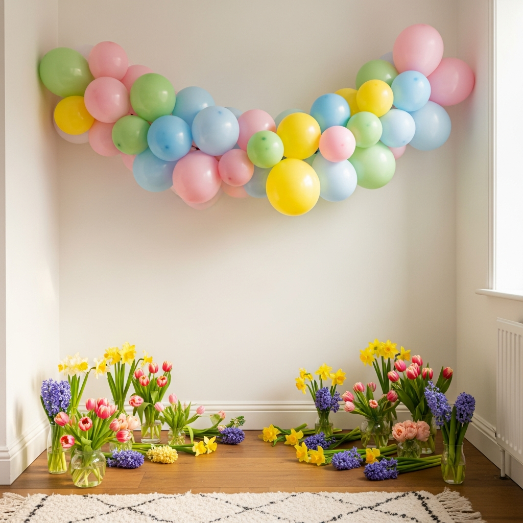 Einfache Oster-Hintergrund-Ideen für Heimfotografie DIY-Osterfoto-Hintergrund-Setup mit pastellfarbenen Ballons und Frühlingsblumen zu Hause