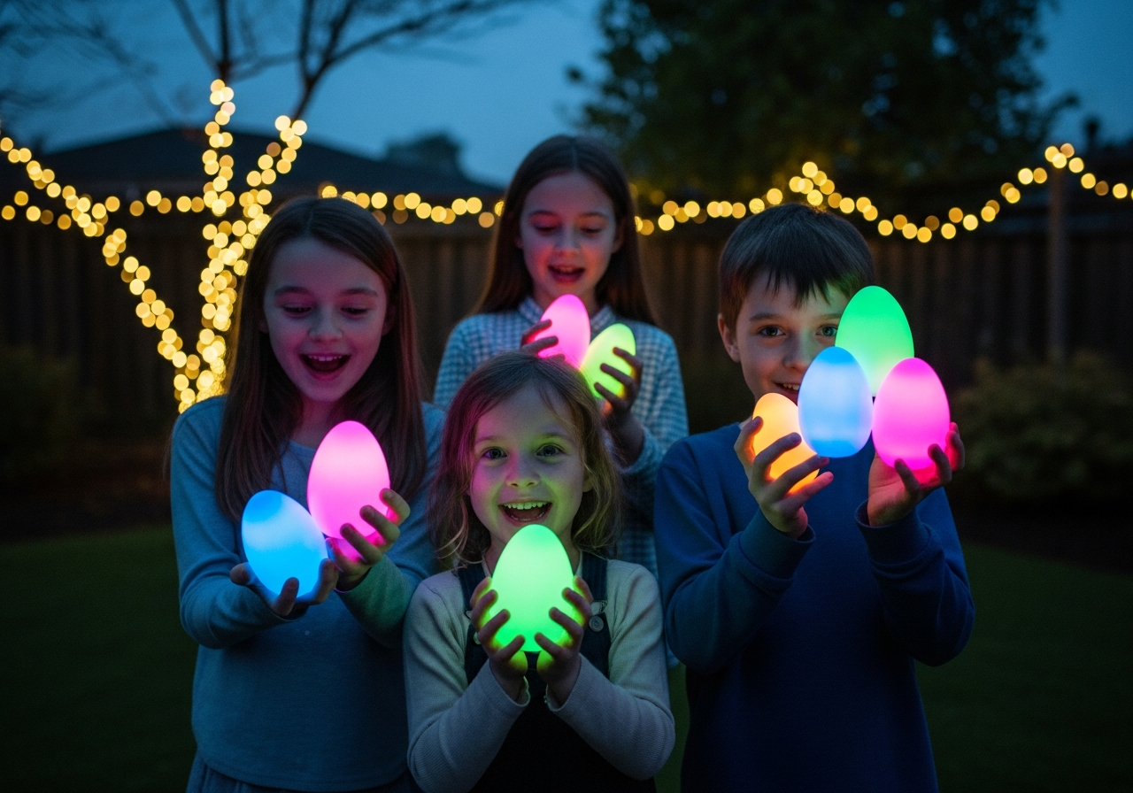 Glow in the dark Easter egg hunt at night with children holding LED eggs