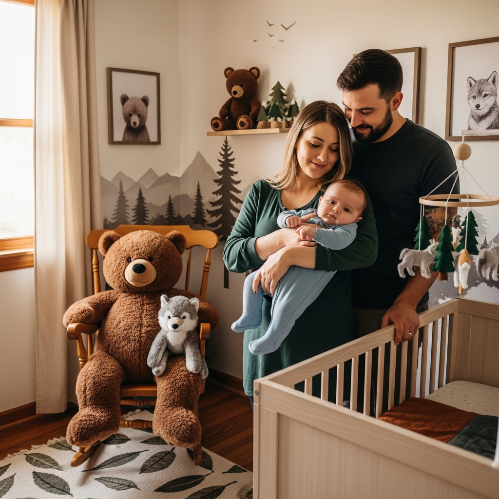 Guardería de bebé inspirada en oso y lobo con decoración natural para chicos aventureros