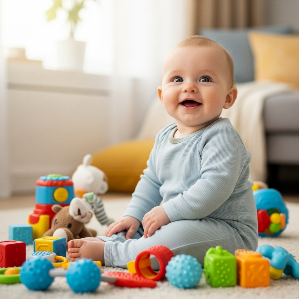 Bebé de seis meses sentado independientemente en foto de hito con juguetes coloridos