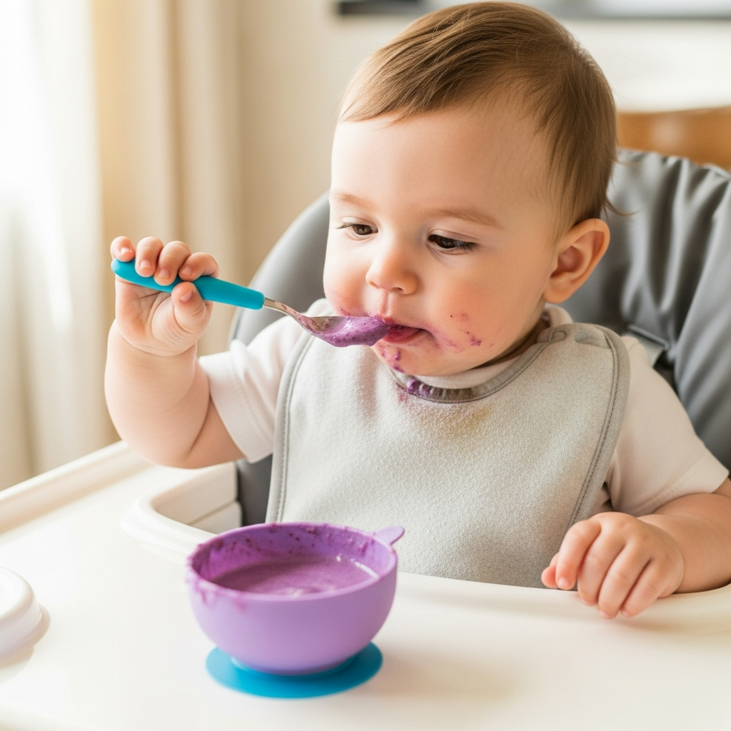 Baby übt Löffelfüttern mit dicker Smoothie-Schale im Hochstuhl – Entwicklung der Selbstfütterungsfähigkeiten