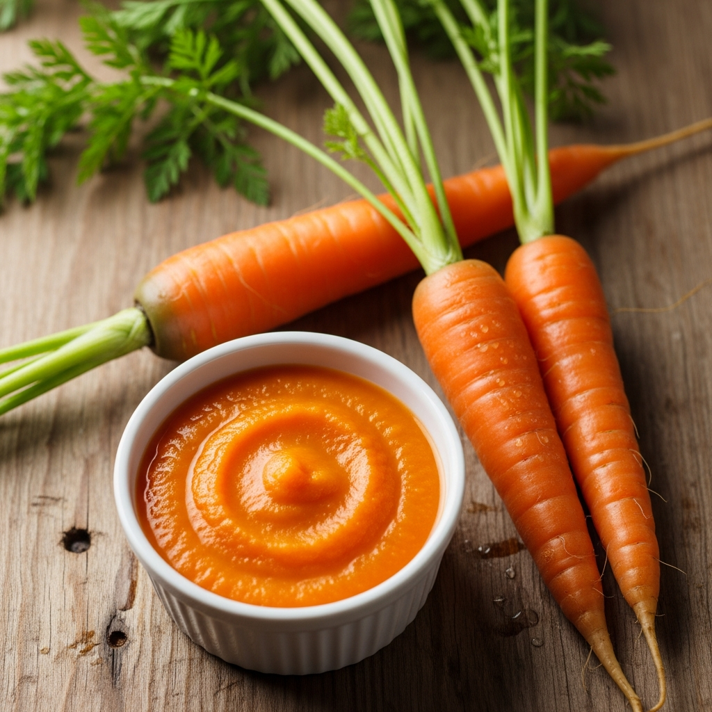 Carrot puree for babies in bowl with fresh carrots