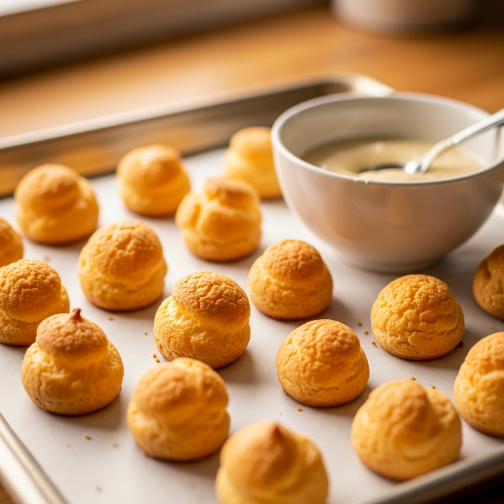 Hausgemachte Baby-Puffs auf Backblech abkühlend zuckerfreies Zahnungssnack-Rezept