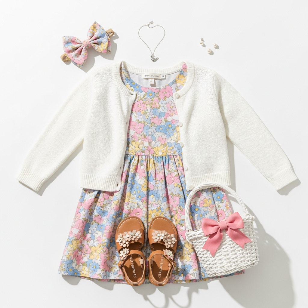 Flat lay tenue robe de printemps pour filles avec cardigan, sandales et accessoires guide de stylisme 2026