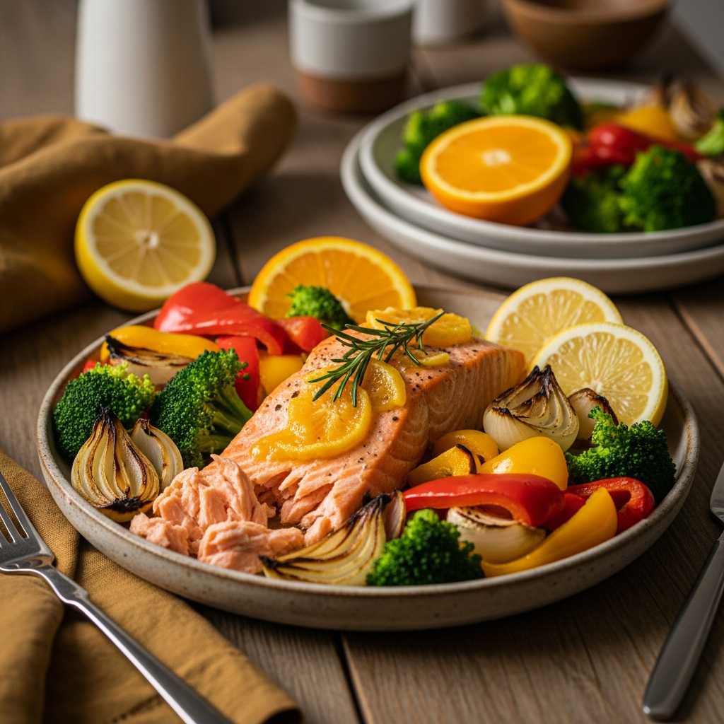 Receta potenciadora de colágeno de salmón con cítricos y verduras Comida rica en proteínas de salmón con verduras para recuperación de elasticidad de la piel postparto
