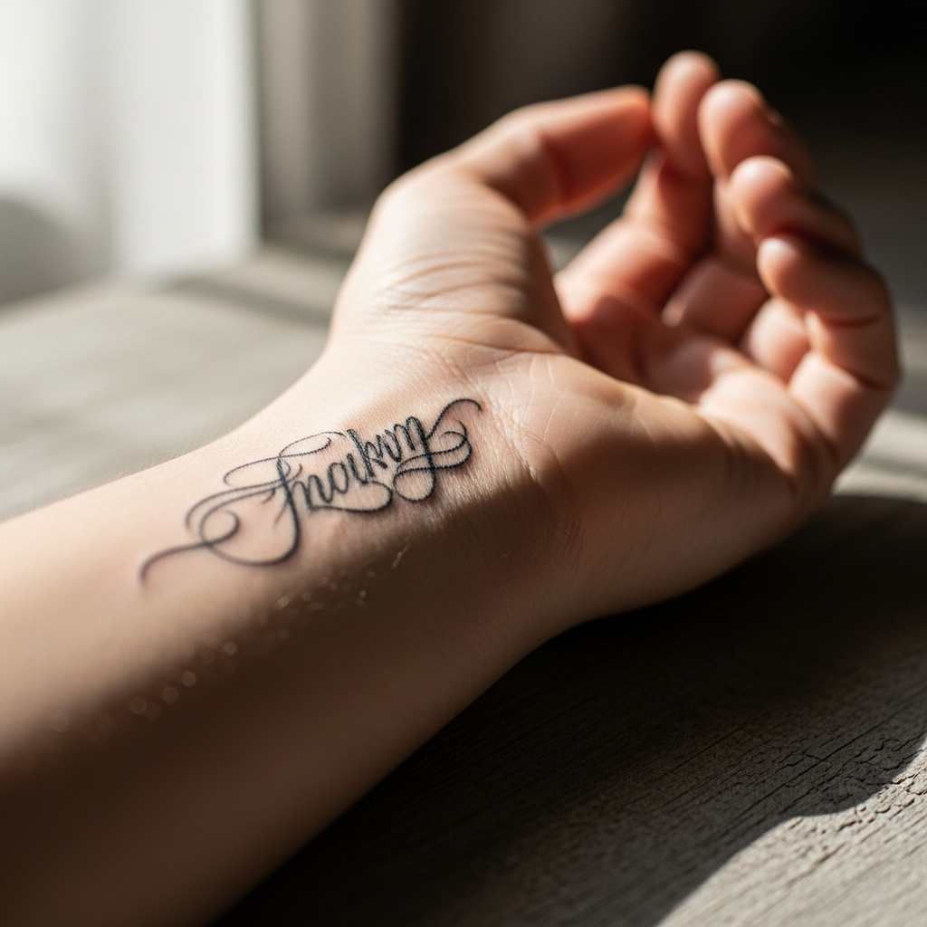 Colocación de Tatuaje con Nombre de Bebé en la Muñeca Ejemplo de colocación de tatuaje con nombre de bebé en la muñeca mostrando script elegante