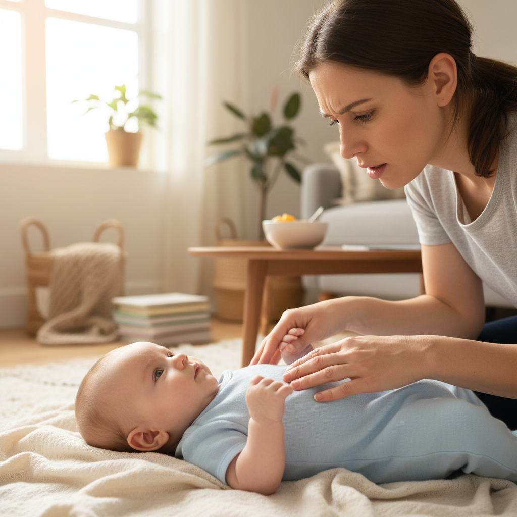 Mother carefully checking baby skin for wheat allergy signs like hives after introducing gluten foods