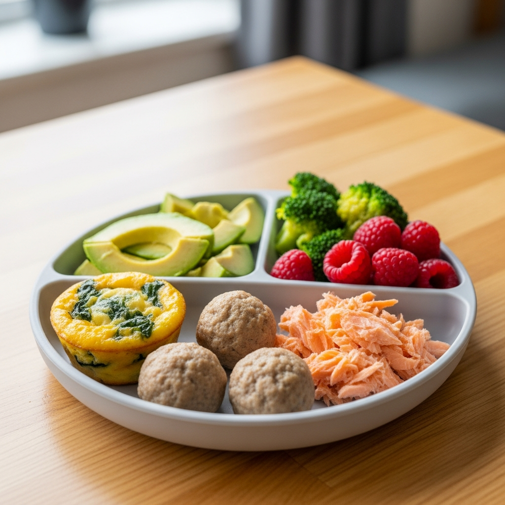 Eisenreiche Baby-Fingerfoods mit Eier-Muffins, Fleischbällchen und Lachs für Gehirnentwicklung