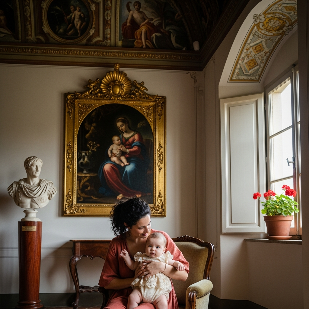 Nomination de bébé italien unique avec héritage avec mère et fille dans un cadre classique