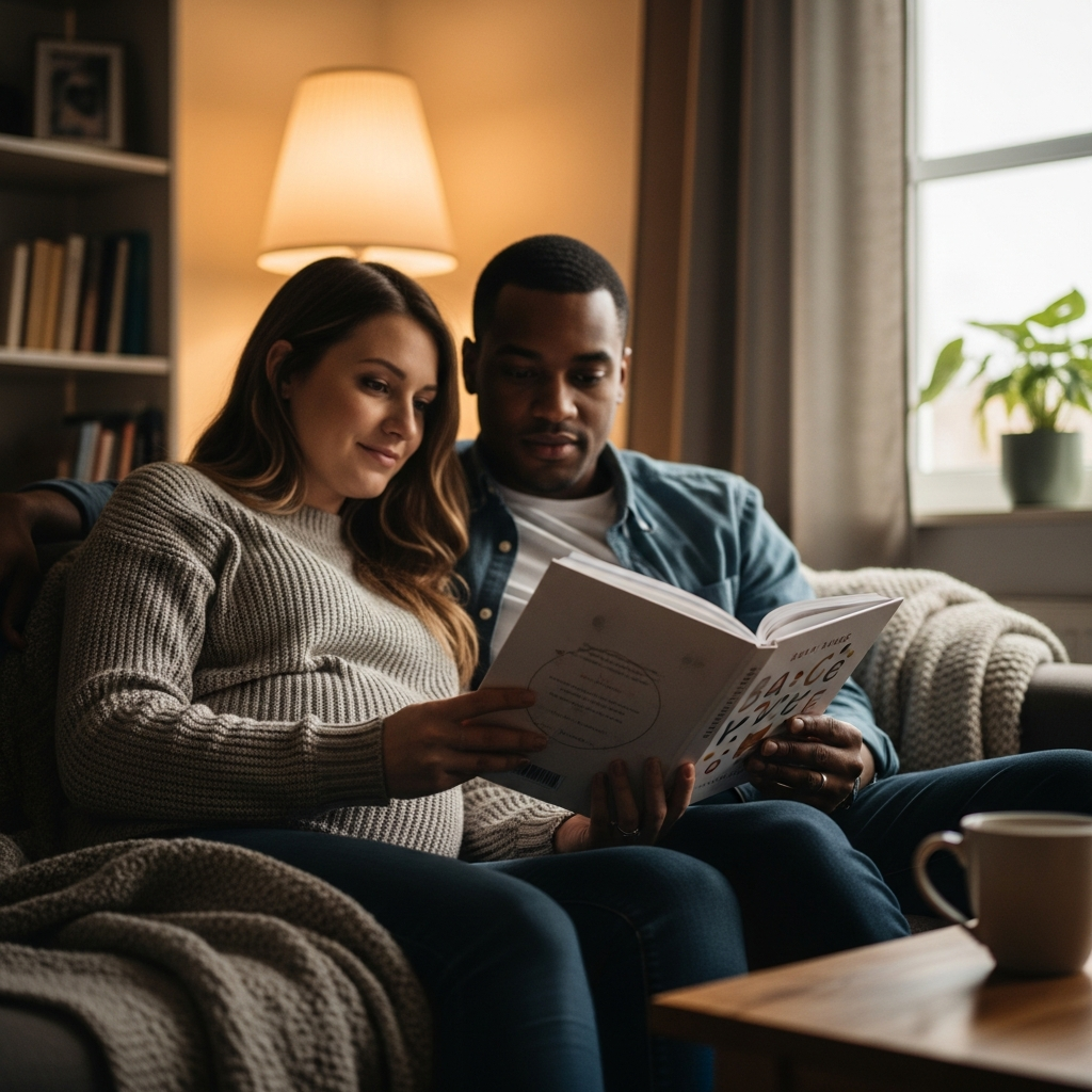 Padres explorando nombres únicos de niña que empiezan con C en un entorno hogareño pacífico