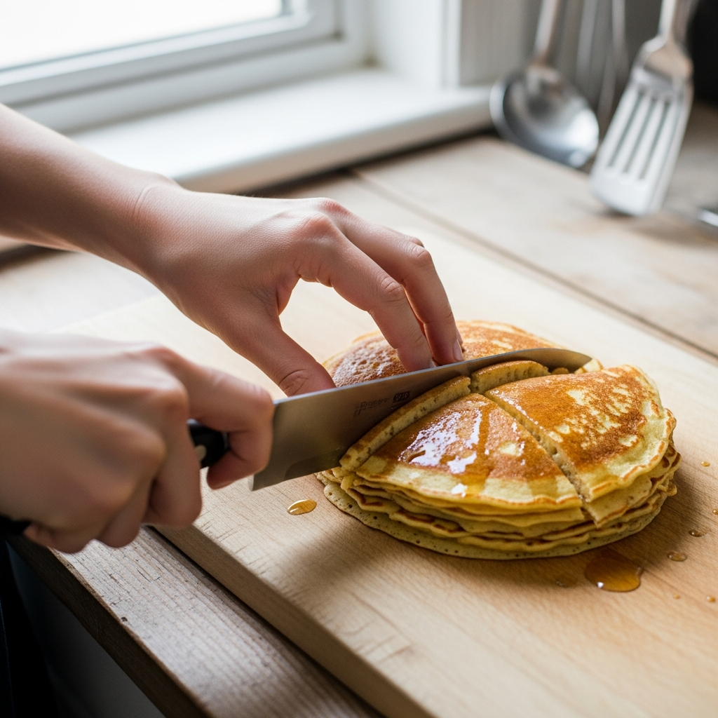 Wie man Baby-Pfannkuchen in sichere Fingerstreifen für das Selbstessen schneidet