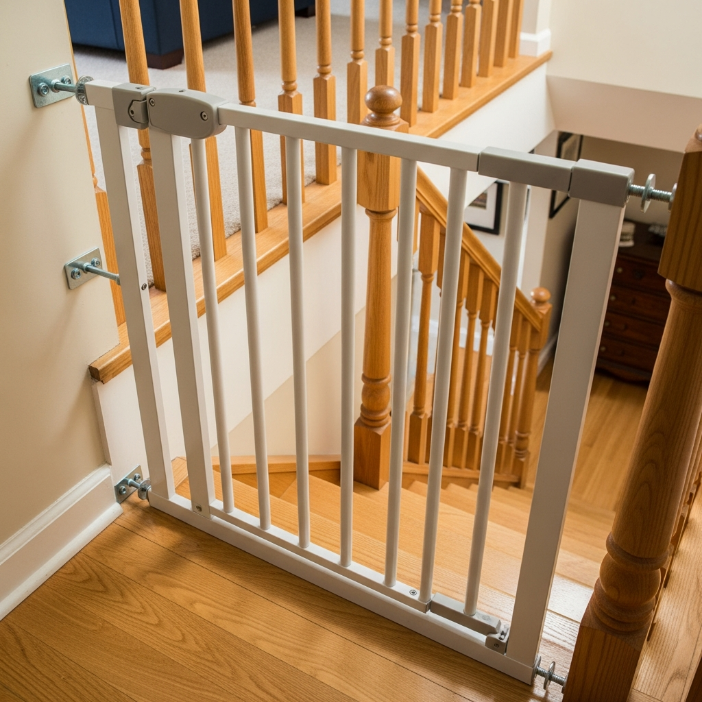hardware-mounted baby gate installed at top of stairs for child safety childproofing