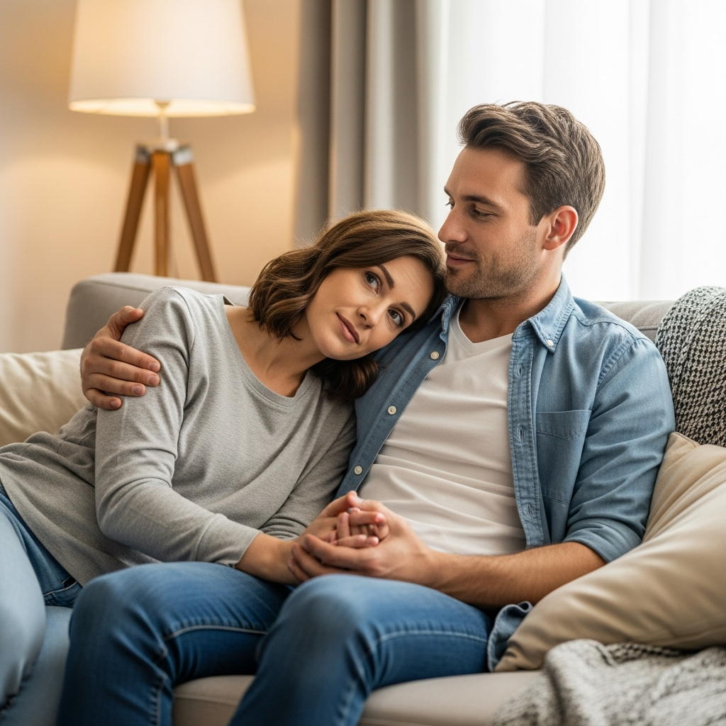 Pareja TTC proporcionando apoyo emocional durante el estrés de fertilidad Pareja apoyándose mutuamente durante el viaje de intentar concebir con manejo del estrés