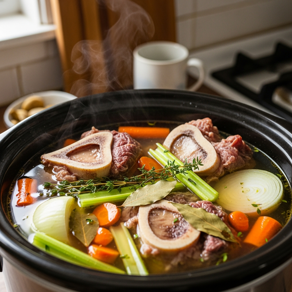 Preparación de caldo de huesos con verduras para nuevas madres Ingredientes de caldo de huesos casero en olla de cocción lenta para recuperación de colágeno postparto
