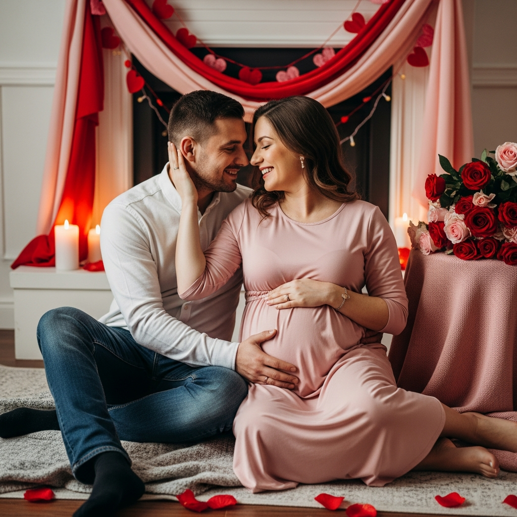 Werdendes Paar feiert Valentinstag während der Schwangerschaft