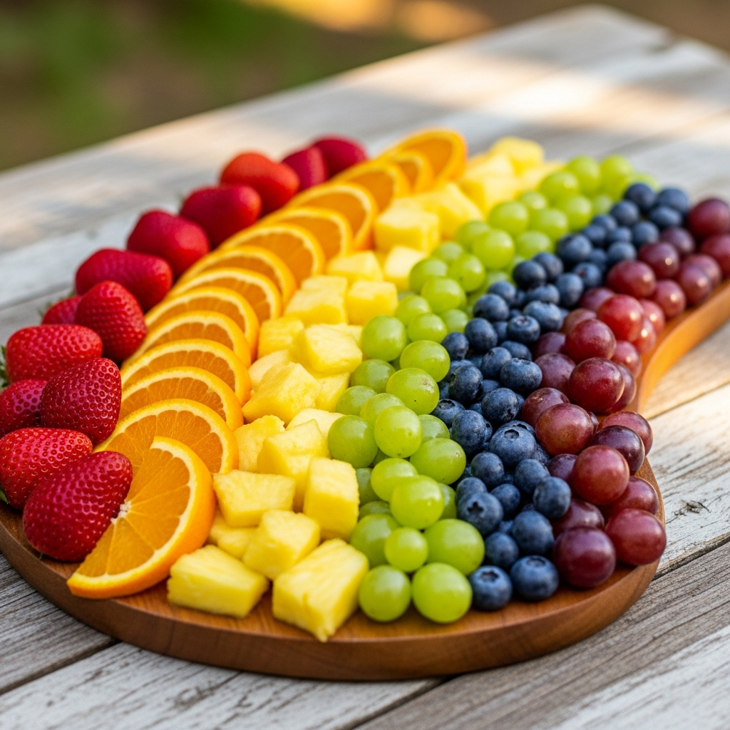 Regenbogen-Essen-Ideen für St. Patrick's Day Party mit farbenfroher Fruchtarrangement