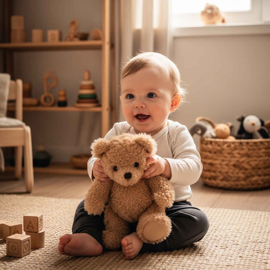 Baby boy playing with teddy bear in nursery sweet nickname moment