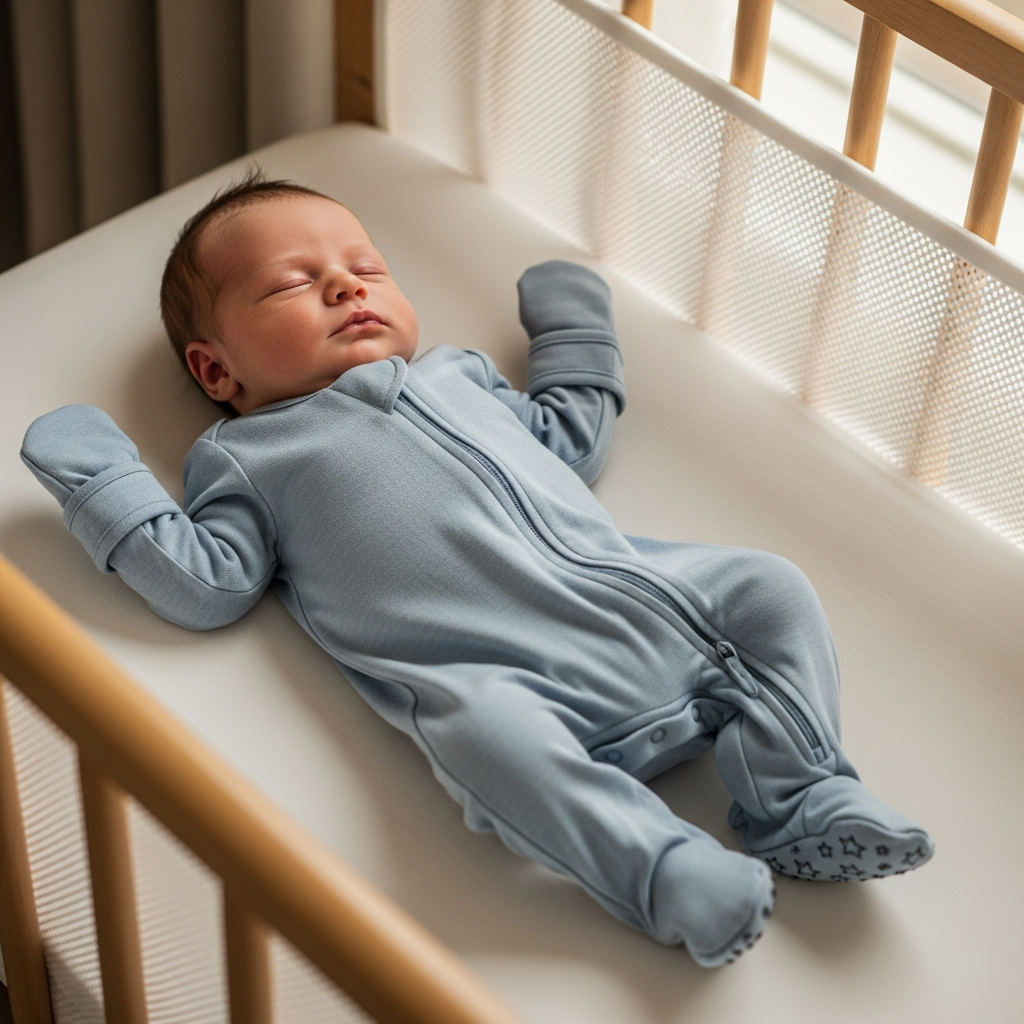 Baby in cozy footed sleeper pajamas showing comfort and safety for newborns