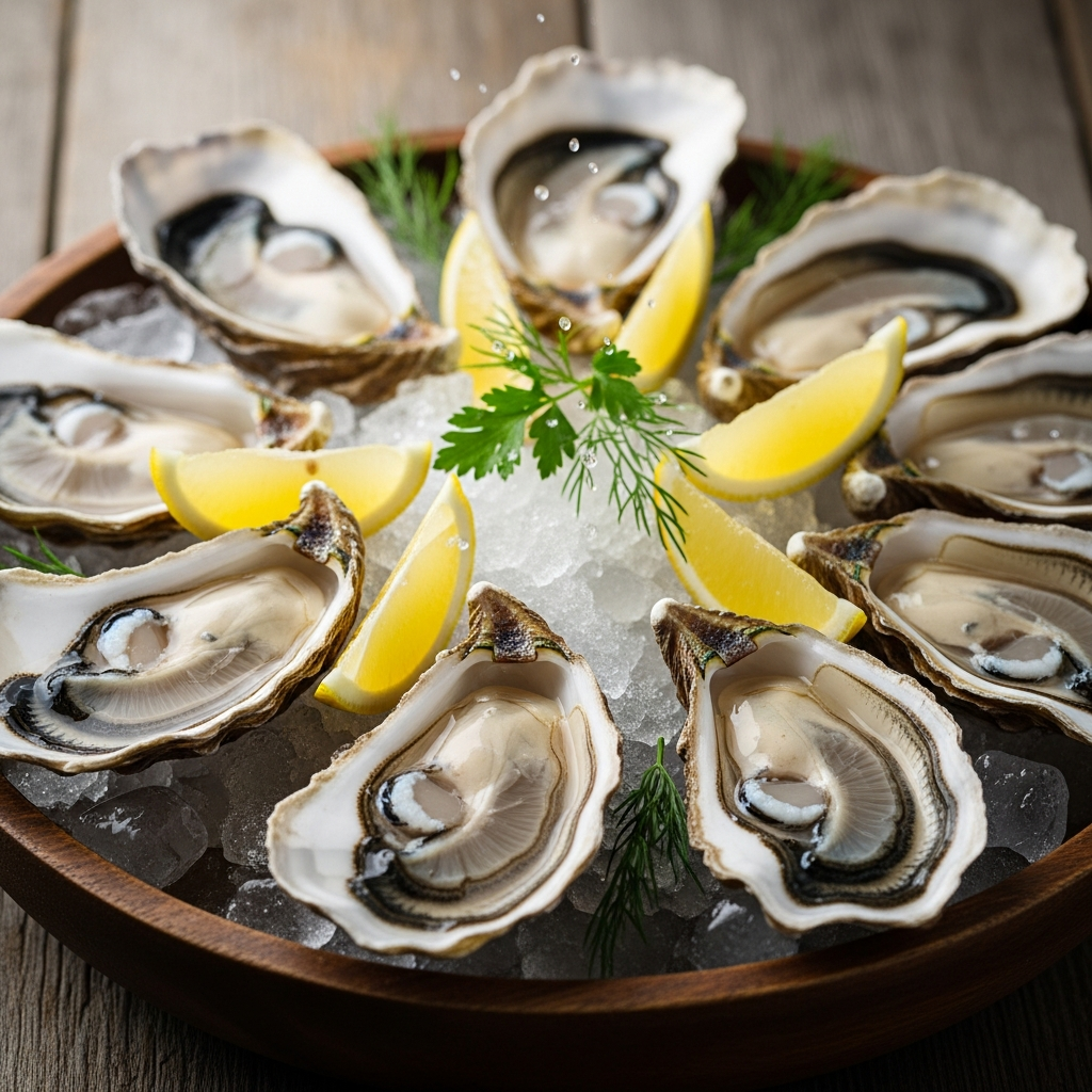 Huîtres fraîches sur glace avec quartiers de citron pour la nutrition en zinc pour la fertilité