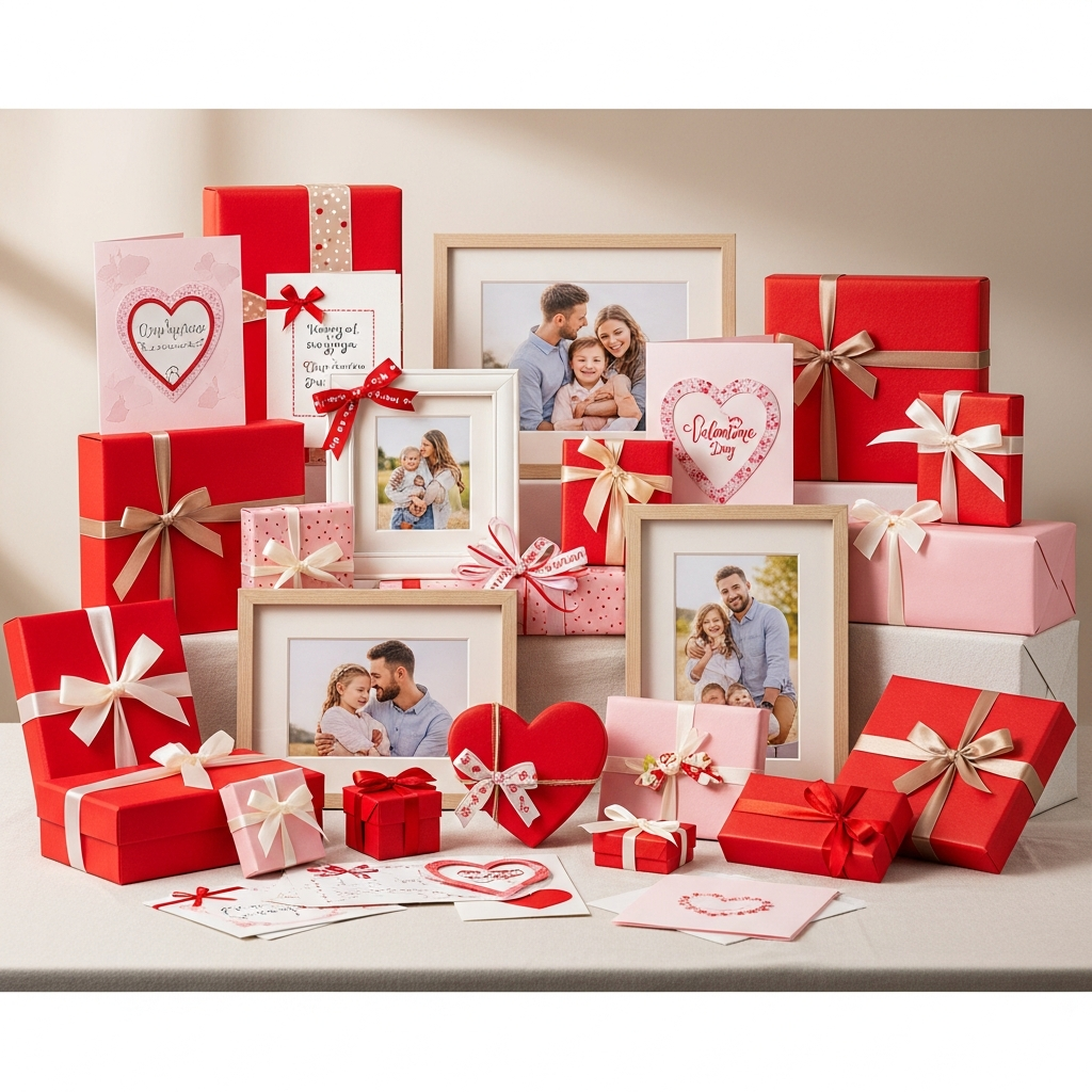 Valentine's Day gift ideas for family members with wrapped presents and cards