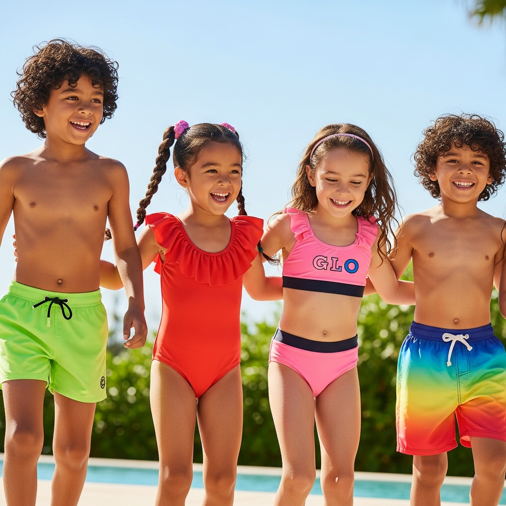 Kids swimsuits trending colors acid lime scarlet pink rainbow gradient