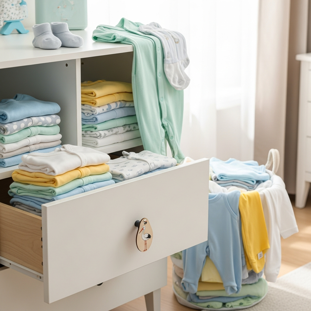 Vêtements de bébé bien organisés montrant un entretien et un rangement appropriés du linge
