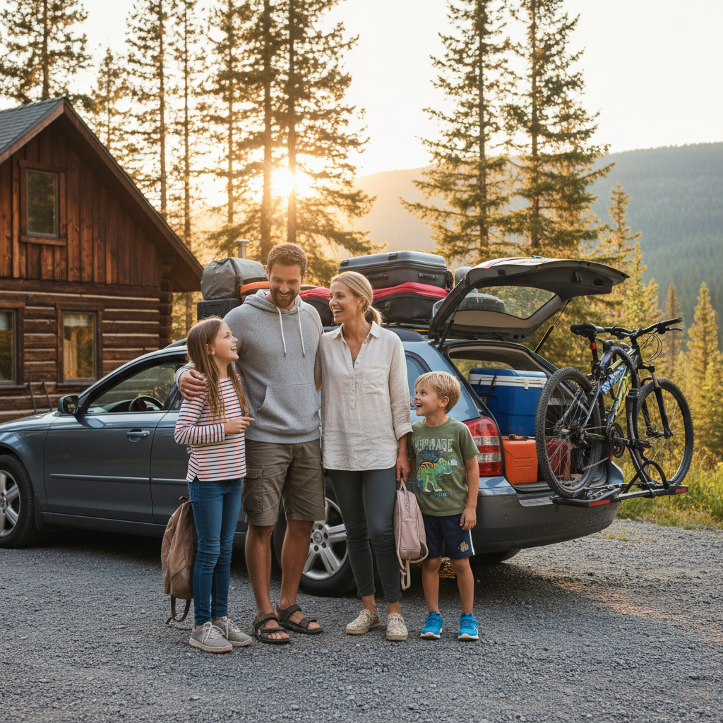 Family comfortable travel outfits for road trip Family in comfortable casual road trip outfits standing by packed car ready for vacation