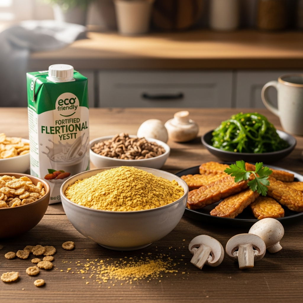 Vegan B12 sources including nutritional yeast and fortified foods